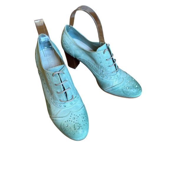 Sundance Catalog Teal Green Oxford Shoes Heels Menswear Look Distressed Laced Si - Picture 1 of 10